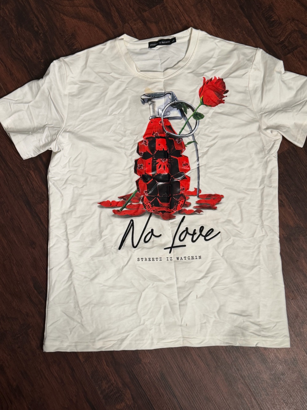 White Graphic Tee with Red Grenade & Rose Print